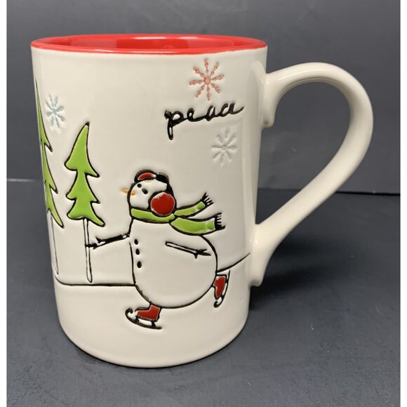 TAG ICE SKATING SNOWMAN PEACE MUG 16 oz Embossed Holiday Christmas Red Interior - Picture 2 of 9